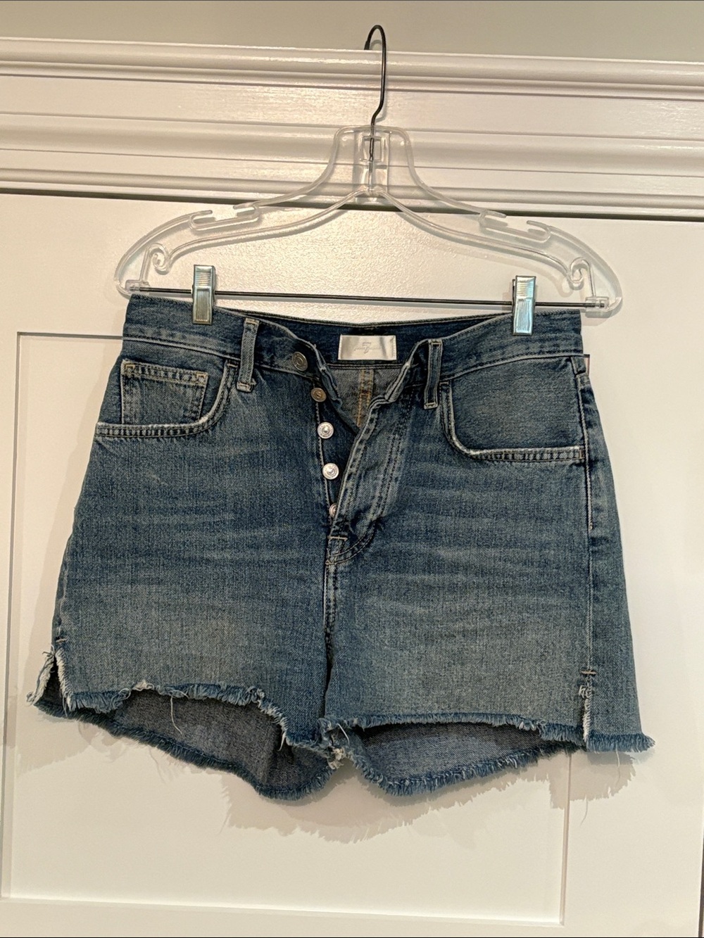 7 For All Mankind Distressed Button-Fly Denim Shorts - Medium Blue